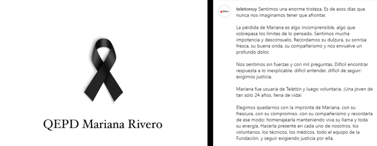 $!La publicación de Teletón Uruguay acerca del femicidio de Mariana Riveros.