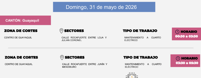 $!Horarios y sectores de cortes de luz en Guayaquil para este domingo, 31 de mayo