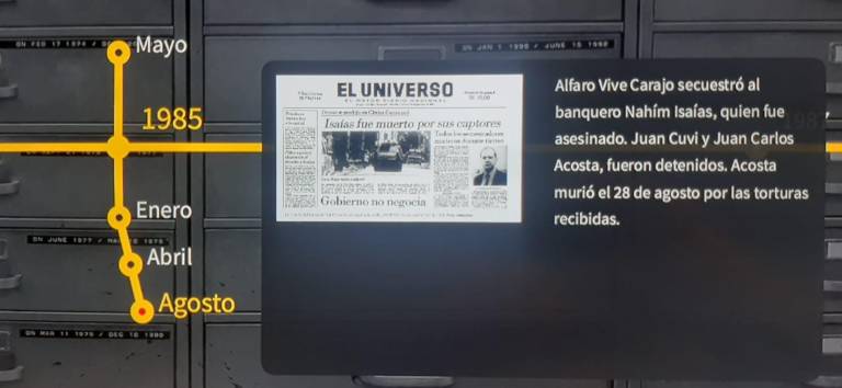 $!Imagen virtual del Museo de la Memoria con un recorte de periódico sobre la muerte de Nahím Isaías, junto a una nota sobre la posterior tortura de los captores.