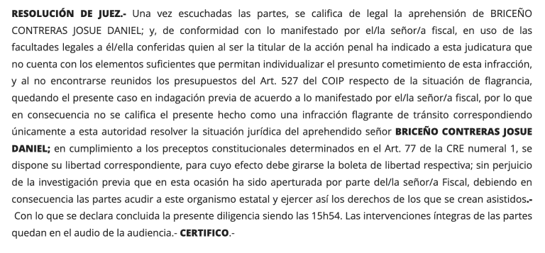 $!Resolución del juez tras la audiencia de calificación de flagrancia.