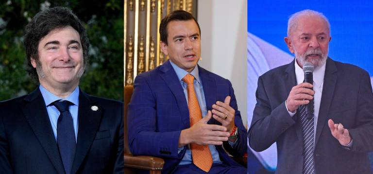 $!Combo de fotografías de archivo donde aparecen el presidente de Argentina, Javier Milei (i); el presidente de Ecuador, Daniel Noboa (c), y el presidente de Brasil, Luiz Inácio Lula da Silva.