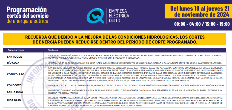 $!Nuevos horarios de cortes de luz en Quito para este martes 19 de noviembre