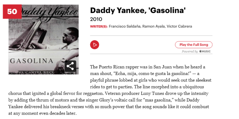 $!Posición de 'Gasolina' en la lista publicada por Rolling Stone.