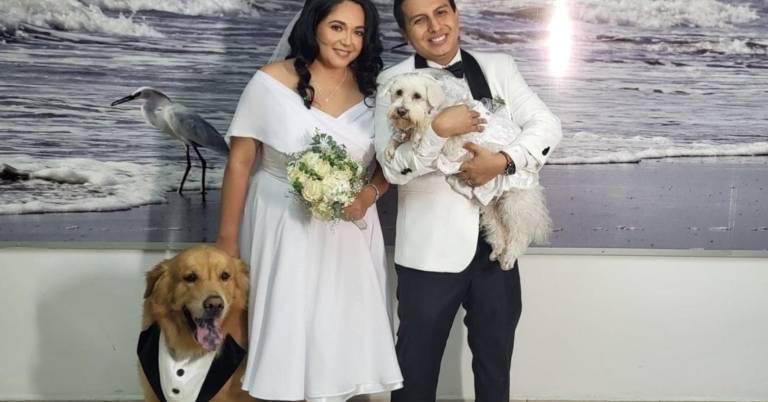 $!Helga y Billy, los animales de compañía de los novios asistieron vestidos con atuendos especiales para la ocasión.