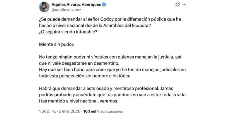 $!Mensaje de Aquiles ÁLvarez a Mario Godoy, publicado el 5 de enero de 2026 en X.