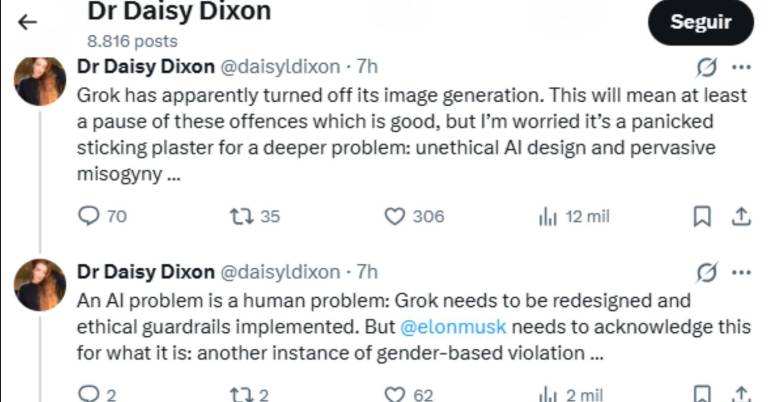 $!Captura de pantalla de X de la cuenta de la catedrática Daisy Dixon, quien fuese una de las víctimas de deepfakes generados con Grok.