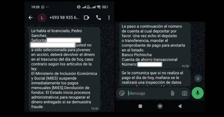 $!Captura de pantalla de amenaza a beneficiaria de Jóvenes en Acción.