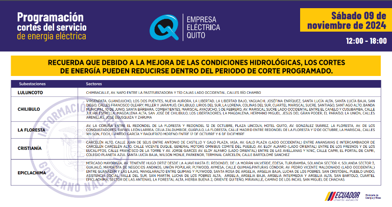 $!Nuevos horarios de cortes de luz en Quito, este sábado 9 de noviembre: apagones de hasta 12 horas