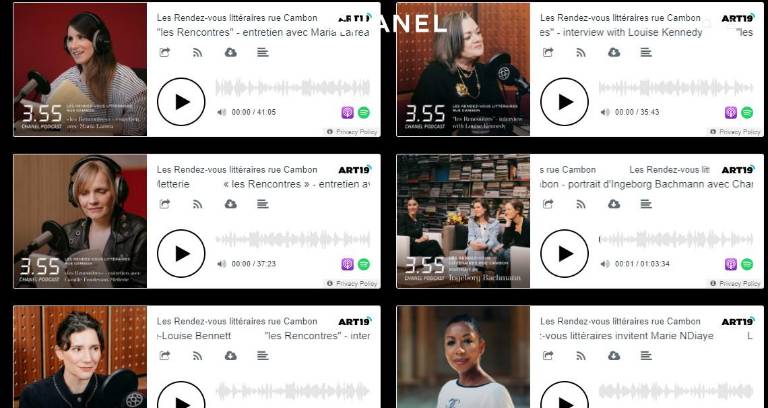 $!Captura de pantalla donde se muestran algunos de los podcast realizados por la embajadora y portavoz de Chanel, Carlota Casiraghi, una serie de episodios dedicados a la trayectoria literaria de escritoras contemporáneas.