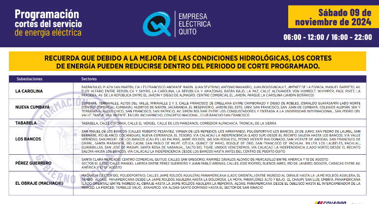 $!Nuevos horarios de cortes de luz en Quito, este sábado 9 de noviembre: apagones de hasta 12 horas