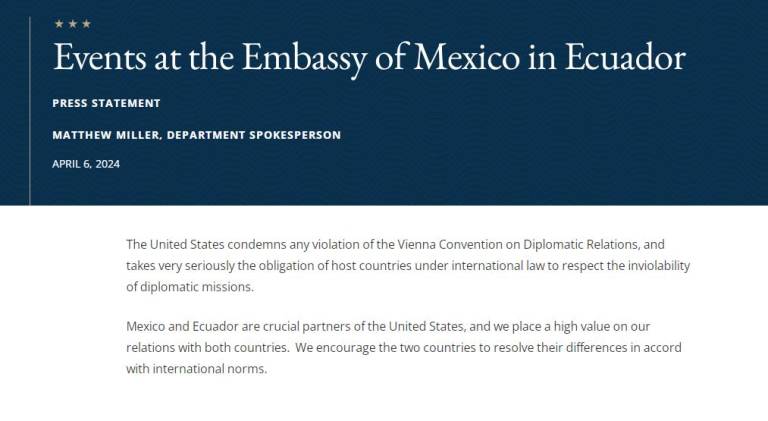 $!EE.UU. urgió a México y a Ecuador a resolver sus diferencias en un comunicado de prensa.