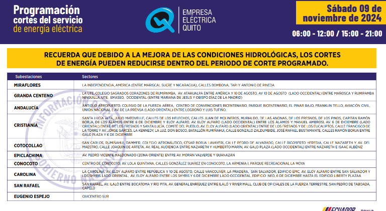 $!Nuevos horarios de cortes de luz en Quito, este sábado 9 de noviembre: apagones de hasta 12 horas
