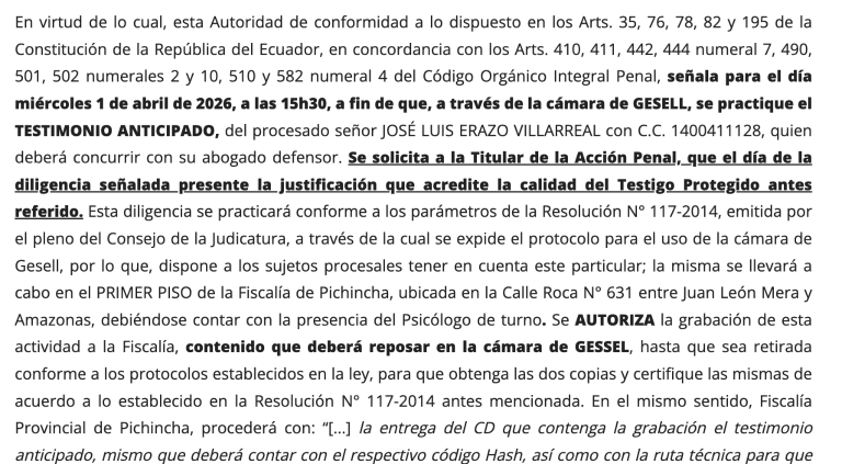 $!Día y hora para el testimonio anticipado de Erazo.
