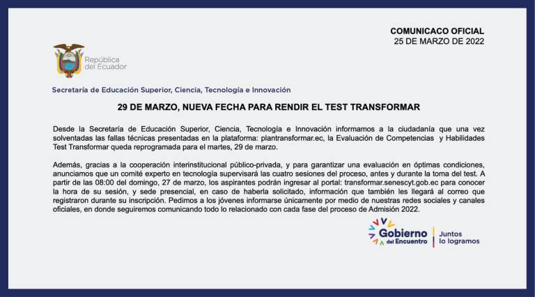 $!Senescyt anuncia nueva fecha para rendir el test 'Transformar' luego de fallas en la plataforma