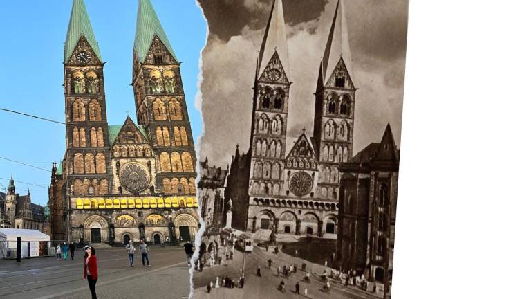 $!Bremen, las vidas paralelas de almas conectadas. María Amelia Viteri durante su visita a Bremen en 2022 y a la derecha una postal enviada por Burbano a su familia que retrata el Bremen de 1939.