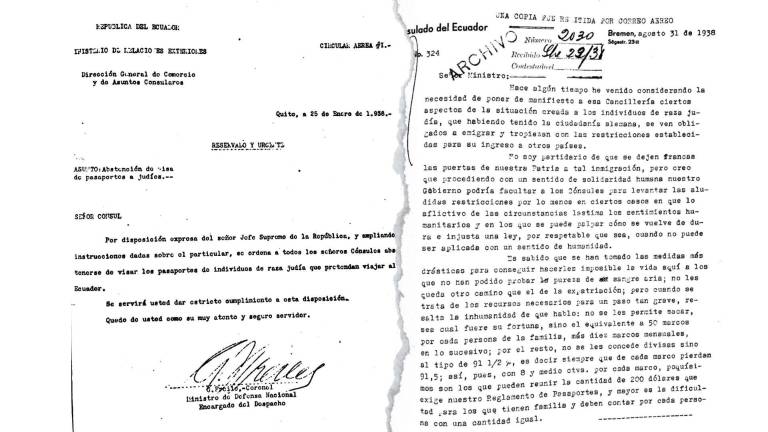$!A la izquierda la Comunicación Oficial emitida por la Cancillería el 25 de enero de 1938. A la derecha, la respuesta del cónsul Burbano abogando por el levantamiento de las restricciones impuestas.