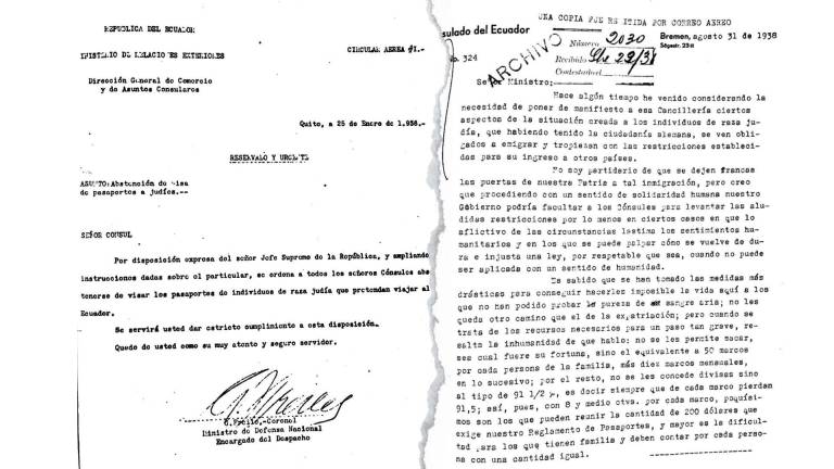 $!A la izquierda la Comunicación Oficial emitida por la Cancillería el 25 de enero de 1938. A la derecha, la respuesta del cónsul Burbano abogando por el levantamiento de las restricciones impuestas.