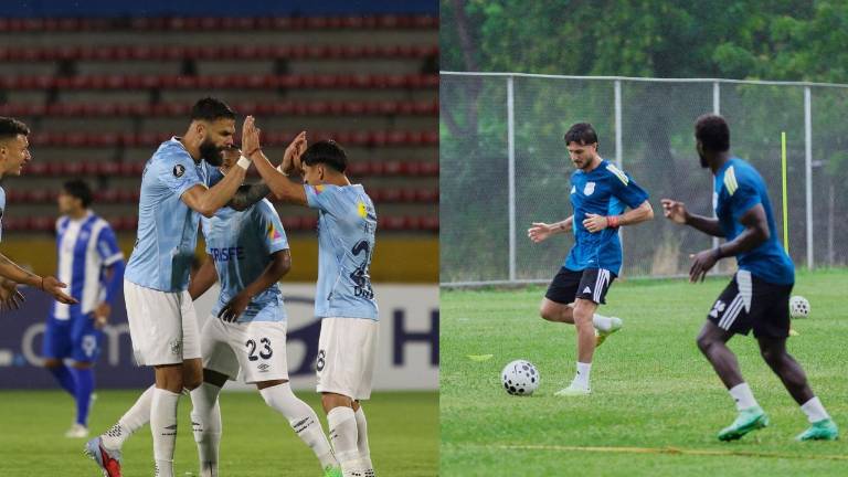 Composición de Universidad Católica disputando un partido y Emelec en entrenamientos.