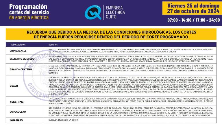 $!Publican nuevos horarios de cortes de luz en Quito para este viernes 25 de octubre: ¡hasta 14 horas de apagón continuo!