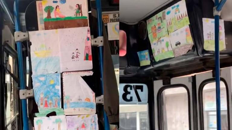Chofer de autobús decoró su vehículo con los dibujos que le obsequió su hijo
