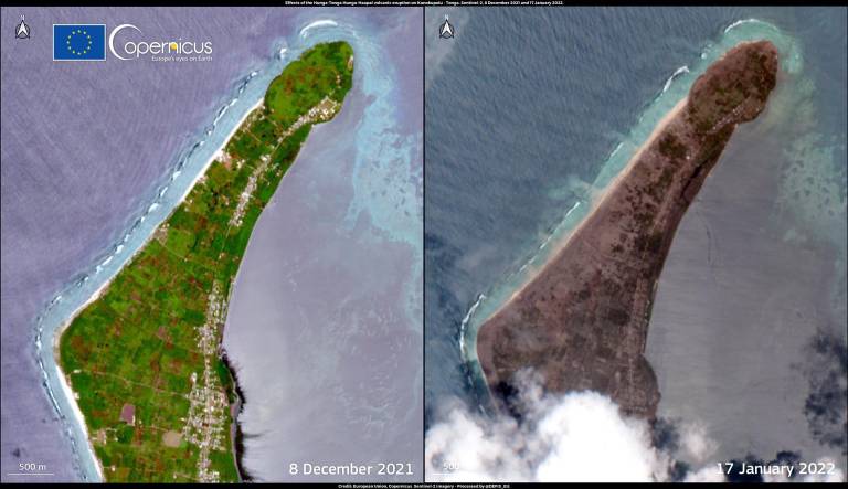 $!Tomas aéreas de la isla Tongatapu, en Tonga, antes y después del desastre. Foto: EFE