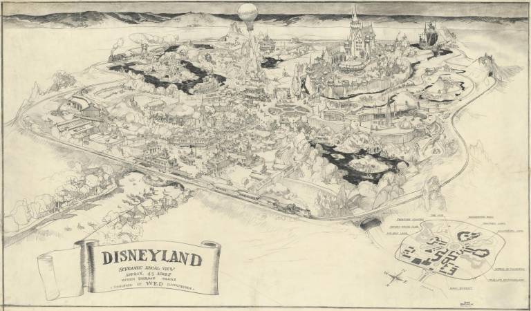 $!Fotografía cedida hoy por Disney a través del Instituto Franklin donde se muestra un dibujo conceptual de Disneyland diseñado por Herb Ryman para WED Enterprises, y que formará parte de la muestra Disney100: The Exhibition.
