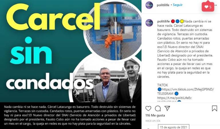 $!En la cárcel de Latacunga hay zonas sin candados y al mando de los privados de libertad