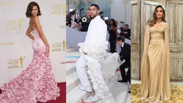 Fotos composición de la actriz Zendaya y los cantantes Bad Bunny y Jennifer López, quienes serán tres de los anfitriones de la Met Gala que se realizará hoy, 6 de mayo, y cuya temática está inspirada en el libro El jardín del tiempo.