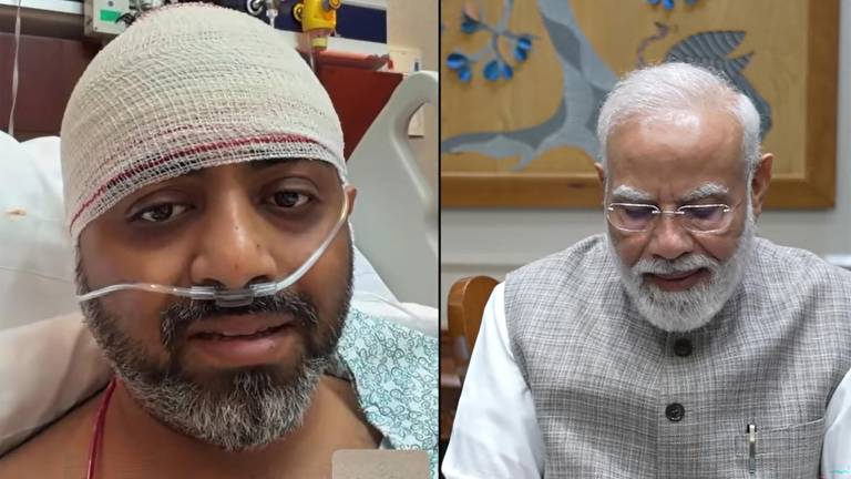 Captura de pantalla de un video publicado en el canal de YouTube de Narendra Modi donde se ve al primer ministro de India, Narendra Modi (derecha), realizando una videollamada con el piloto de flydubai Smit Machchhar.