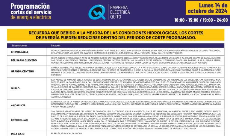 $!Horarios de cortes de luz en Quito este 14 de octubre: hay sectores que enfrentarán apagones de 14h00 a 24h00