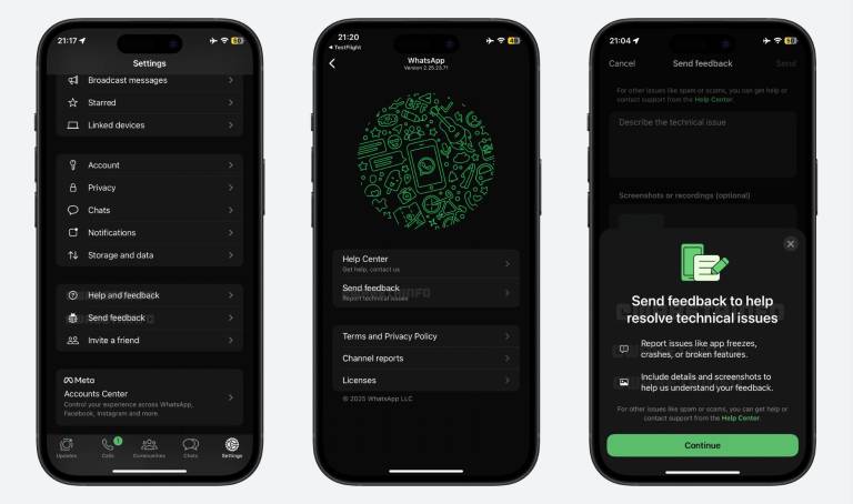 $!Captura de la beta de WhatsApp en iOS (v. 25.23.10.71): ahora los usuarios pueden acceder al reporte de errores desde Ayuda y Ajustes.