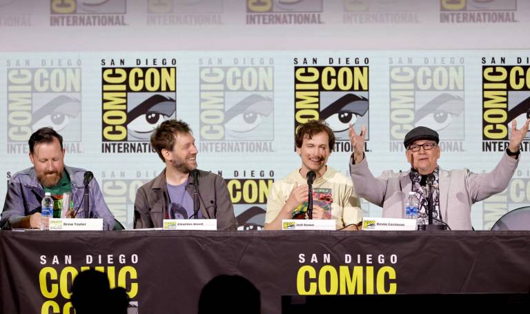 $!Drew Taylor, Charles Hood, Jeff Rowe y Kevin Eastman hablan en el escenario del panel Teenage Mutant Ninja Turtles: Mutant Mayhem de Paramount Pictures durante la Comic-Con International 2023: San Diego.