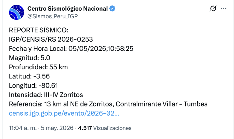 $!Reporte del sismo desde Perú.
