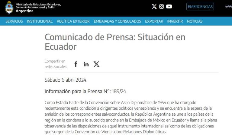 $!La cancillería argentina se sumó a las voces que condenaron lo ocurrido en Quito.