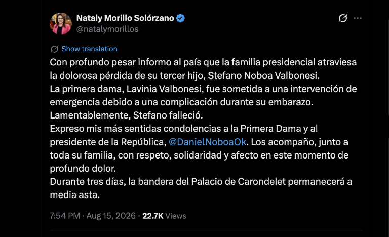 $!Condolencias de Nataly Morillo, ministra de Gobierno.