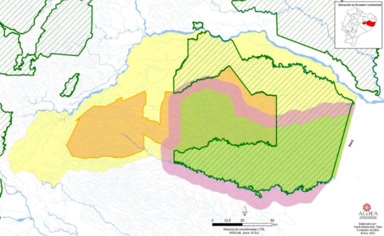 $!En verde la Zona Intangible y en rosa la Zona de Amortiguamiento, que se superponen al Yasuní y al territorio waorani.