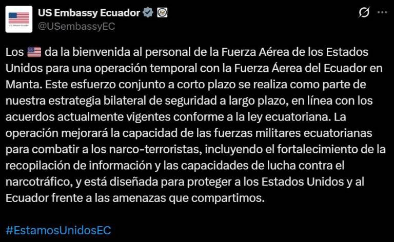 $!Estados Unidos envía personal de su Fuerza Aérea a Ecuador para una 'operación temporal' en Manta
