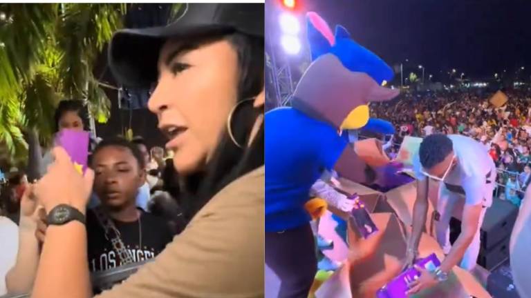 Combo de imágenes que muestra a la prefecta Roberta Zambrano (I) entregando muñecos a niños de la audiencia. Al mismo tiempo, su equipo, entre ellos personas disfrazadas de personajes, repartían las figuras de forma masiva (D).