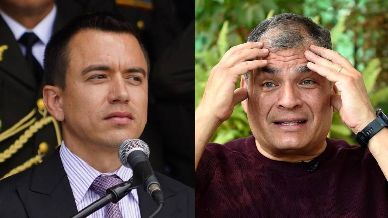 Combo de fotografías del mandatario de Ecuador, Daniel Noboa (C), y el expresidente Rafael Correa (D).