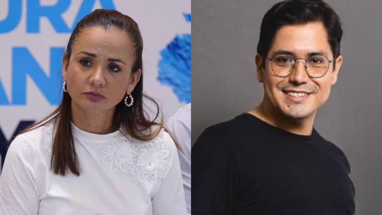 Combo de fotografías de la prefecta del Guayas, Marcela Aguiñaga, y el docente Víctor Estrada, quien falleció el pasado 31 de diciembre por un disparo.