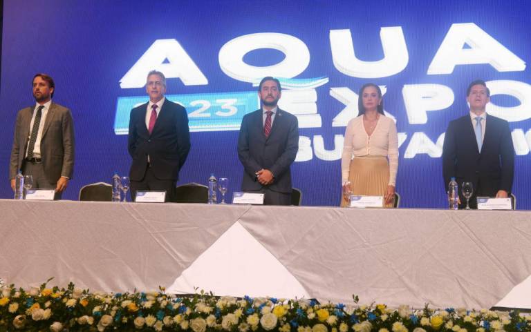 $!La inauguración de Aqua Expo 2023 contó con la presencia de varias autoridades, entre ellas el ministro de Producción, Daniel Legarda, y la prefecta del Guayas, Marcela Aguiñaga.