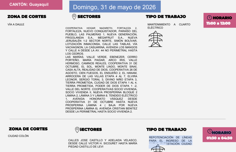 $!Horarios y sectores de cortes de luz en Guayaquil para este domingo, 31 de mayo