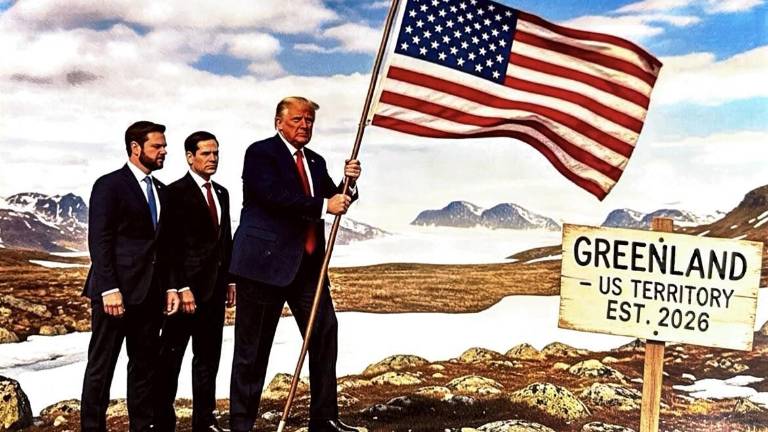 En la imagen aparece Trump plantando la bandera estadounidense flanqueado por el secretario de Estado, Marco Rubio, y por el vicepresidente, JD Vance. Imagen realizada con IA difundidas en Truth Social.