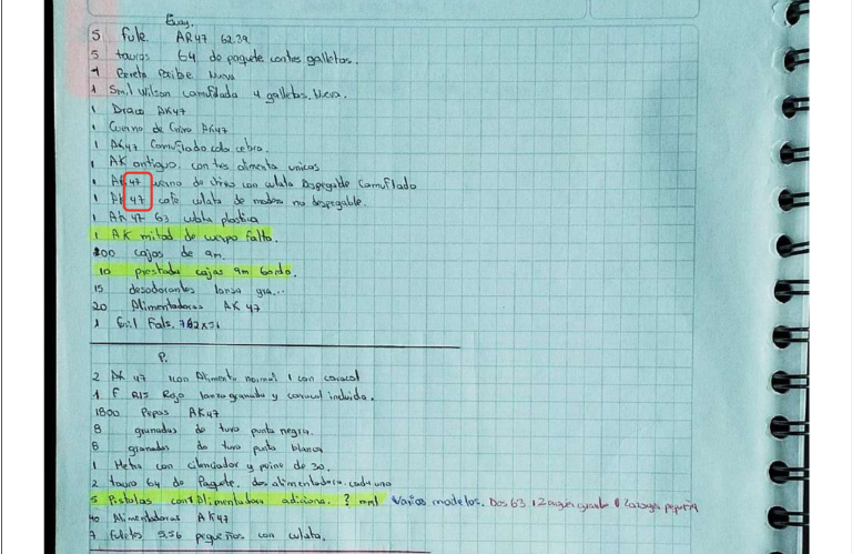 $!En una de las hoja del cuaderno de pasta azul se encuentra un listado tipo inventario de armas.