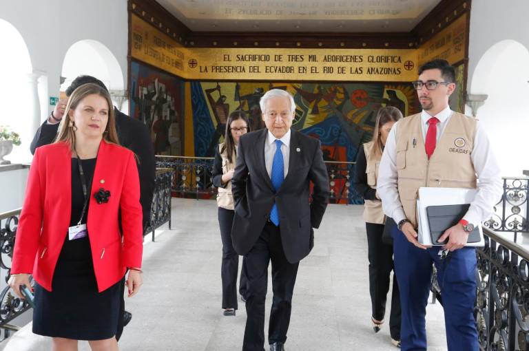 $!Muñoz caminando por los pasillos del Palacio de Carondelet, junto a varios coordinadores regionales de la Misión de Observación.