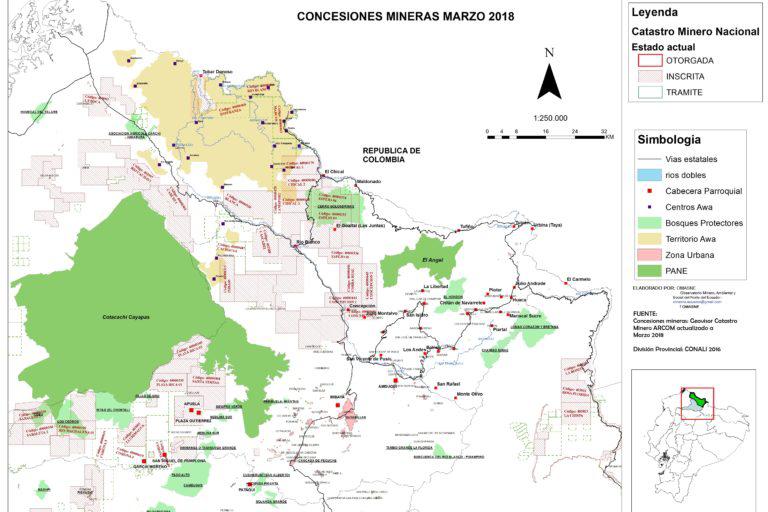$!Mapa de concesiones mineras en la provincia de Carchi a marzo de 2018.