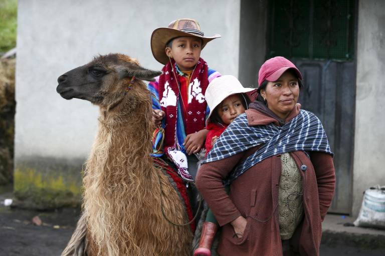 $!El jinete Erick Javier Chicaiza, de 9 años, con su llama Rayo McQueen, junto a su madre, Fanny Guanotuña, se alista a participar de la Llamingada.