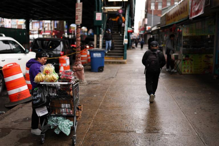 $!Una mujer vende fruta en una calle del área de Corona Plaza en el distrito de Queens de la ciudad de Nueva York el 20 de marzo de 2025.