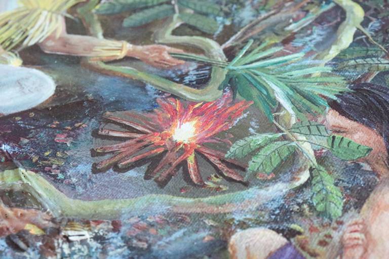 $!FUEGO. La pintura de Wilfrido Lusitande Piaguaje sobre cómo enfrentaron la pandemia detalla con precisión los usos de las plantas y la relación con el bosque del pueblo siekopai.
