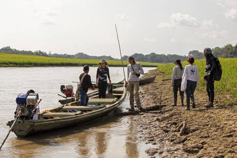 $!Fotografía cedida por WWF Colombia de personal del organismo recorriendo una playa agrietada en mitad del río Amazonas, el 17 de octubre de 2023, en Puerto Nariño (Colombia).